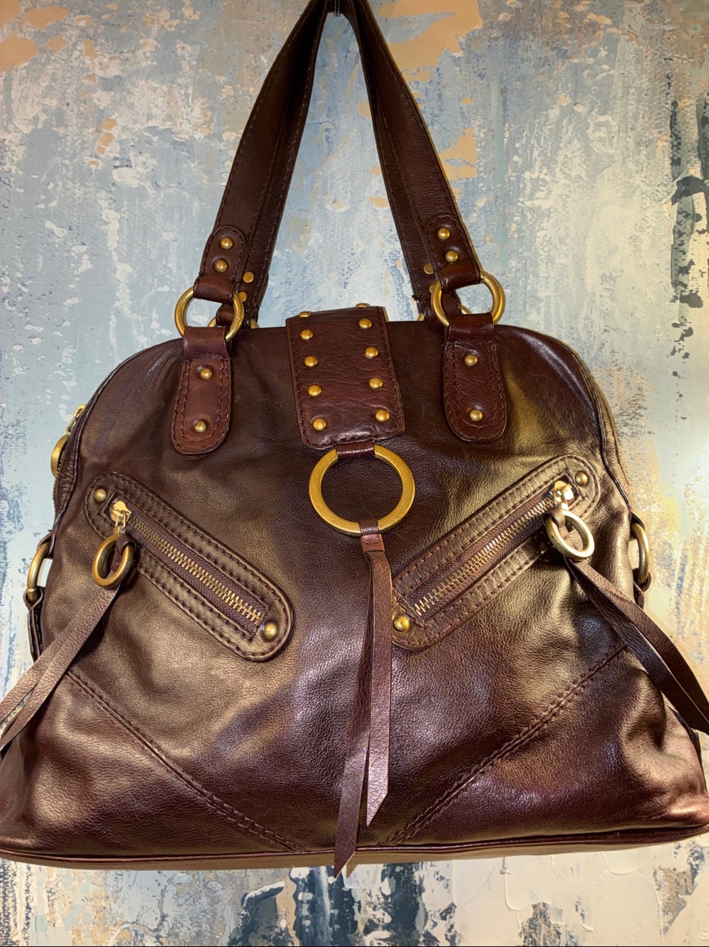 Genuine  Vintage Via Spiga Rich  Brown Leather Satchel Bag with Brass  Hardware